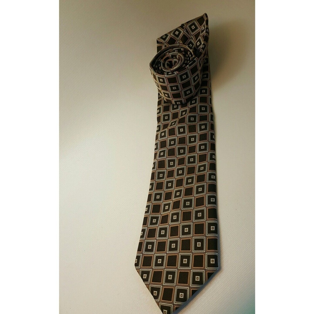 Alexander Julian Tie Brown Geometric Handmade 100% Polyester Squares Profession